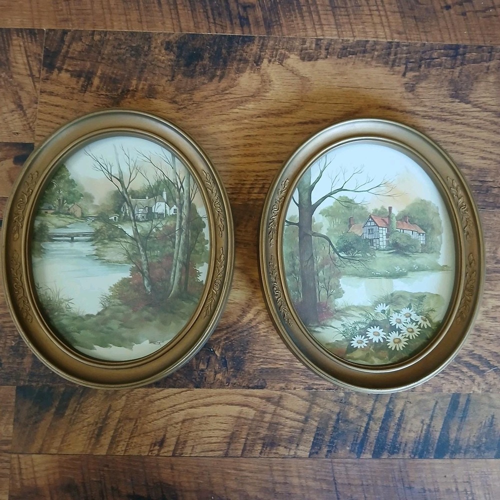 Set Of 2 Vintage HOMCO Oval Cottage Landscape Wall Art Gold FrameGlass Made USA